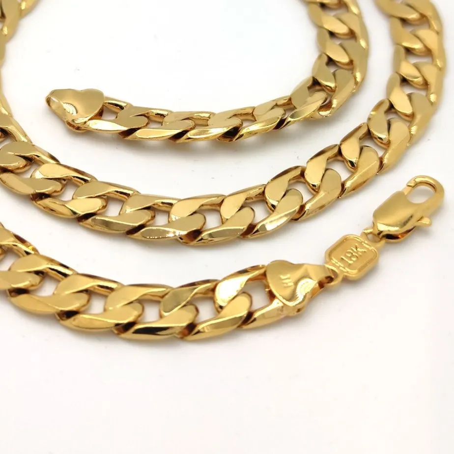 Ожерелье-цепочка из настоящего твердого желтого золота 18 карат с наполнителем, изящная кубинская бордюрная итальянская цепочка-цепочка, 20 шт., мужская и женская, 10 мм238E