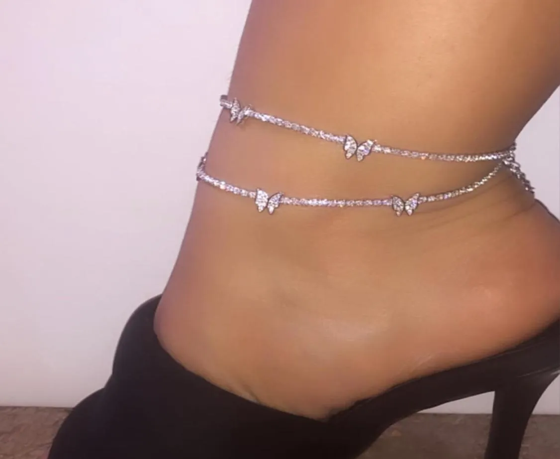 Caraquet 2021 Bracelets de cheville papillon en cristal glacé pour femmes Bling strass chaîne cheville bracelet plage pieds nus femme bijoux6556785