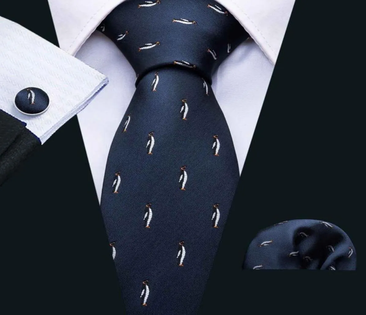 Cravate de luxe pour hommes, bleu foncé, avec petit motif de pingouin mignon, ensemble mouchoir et manchettes, mariage d'affaires entier N50703431736