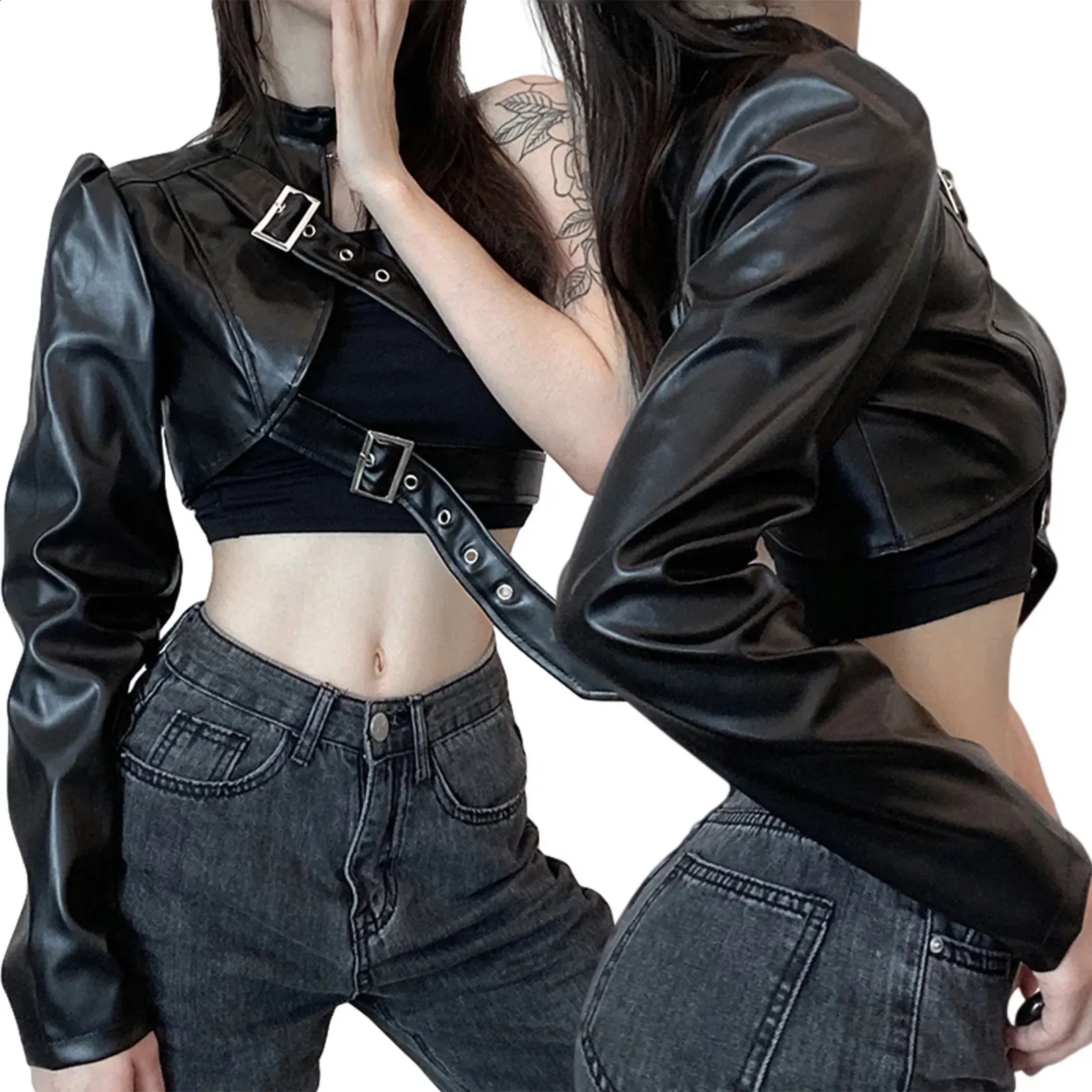 hirigin Fashion Women Punk Style Crop Tops Cool Single Long Sleeve Neck Hanger Leather Belt Connected Top Clothing 240202