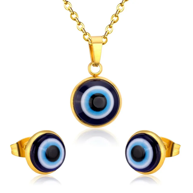 Turecki niebieski zestaw Zła oczy Wisianki Naszyjniki kolczyki stadninowe Zestawy biżuterii 14K żółte złoto wiedźmy Party Prezentacja moda
