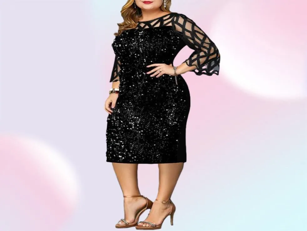 Plus Size Dresses Party Dress Ladies Midi Sequin Mesh Long Sleeve Lace Elegant Bodycon XL4XL 5XL Evening Woman Summer 20224190292