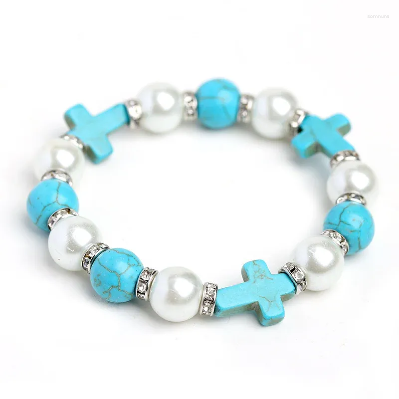 Bracelets de charme Vintage Cross Bracelet Turquoise Perle Bracelet Hommes et Femmes Prière Parti Religieux Amulette Bijoux Cadeau En Gros