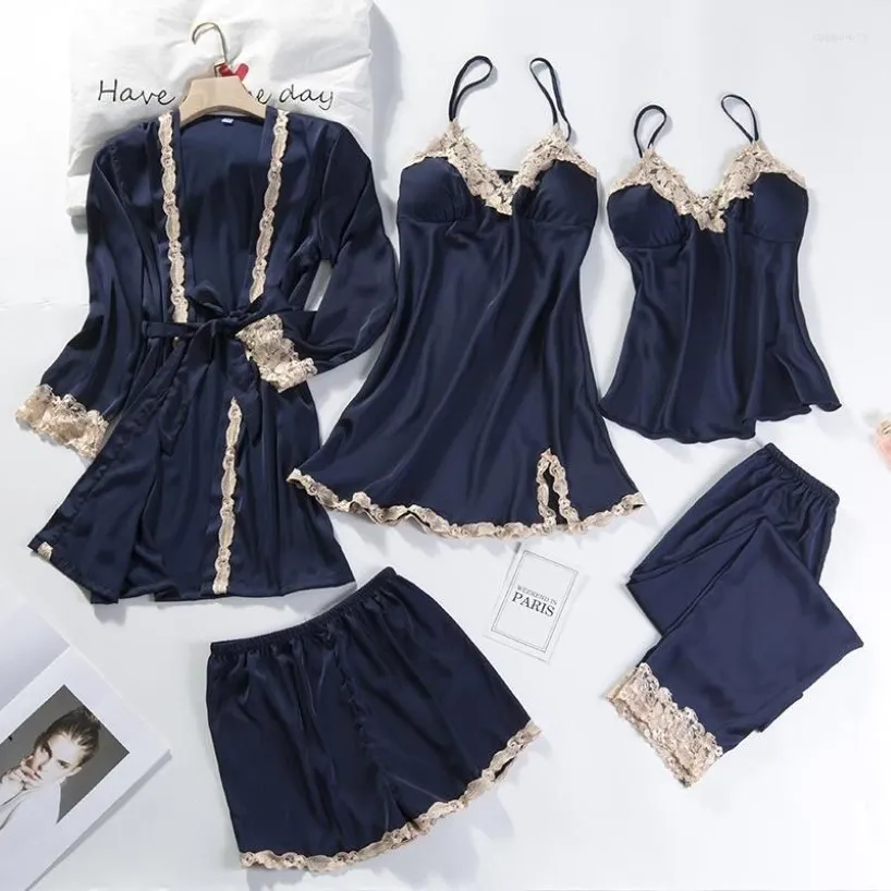 Home Clothing 5 Pieces Pajamas Set Women Kimono Gown Satin Silk Sleepwear Casual Nightwear Intimate Lingerie With Lace Sexy Bathro237S