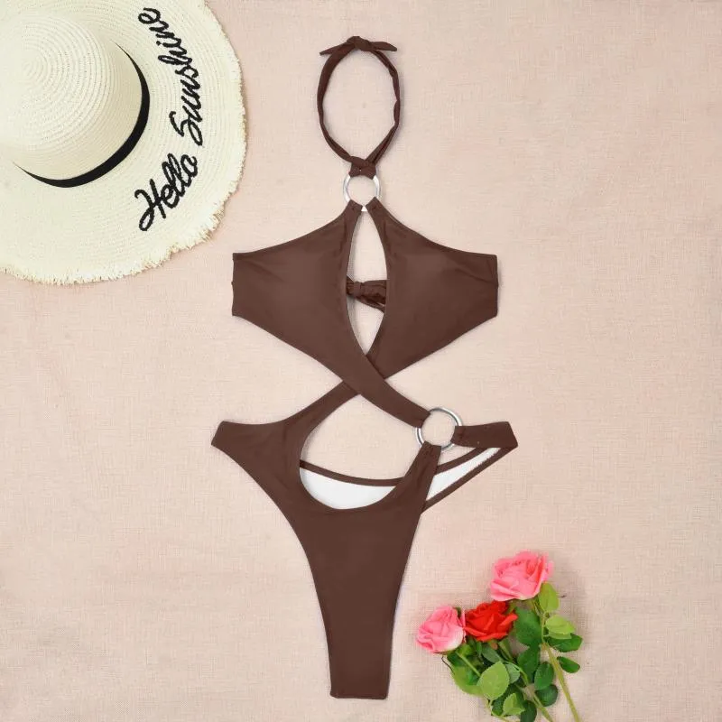 Vrouwen Badmode Sexy Cross Ring Halter Bandage Hollow Badpak Een Stuk Bikini 2024 Vrouwen String Vrouwelijke Badpak Biquini