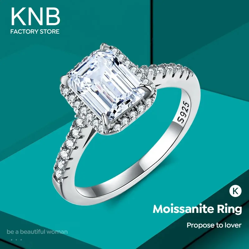 KNBエメラルドカット長方形のダイヤモンドウェディングリング女性のための本物925スターリングシルバーエンゲージメントラグジュアリー品質ジュエリー240130