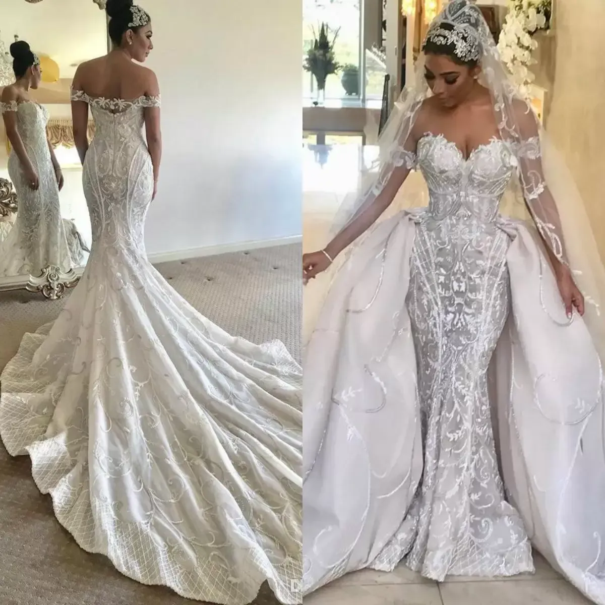 Wunderschöne Meerjungfrau-Hochzeitskleider mit abnehmbarer Schleppe, schulterfreies Spitzen-Brautkleid, Vestidos, rückenfreies Dubai-Hochzeitskleid in Übergröße