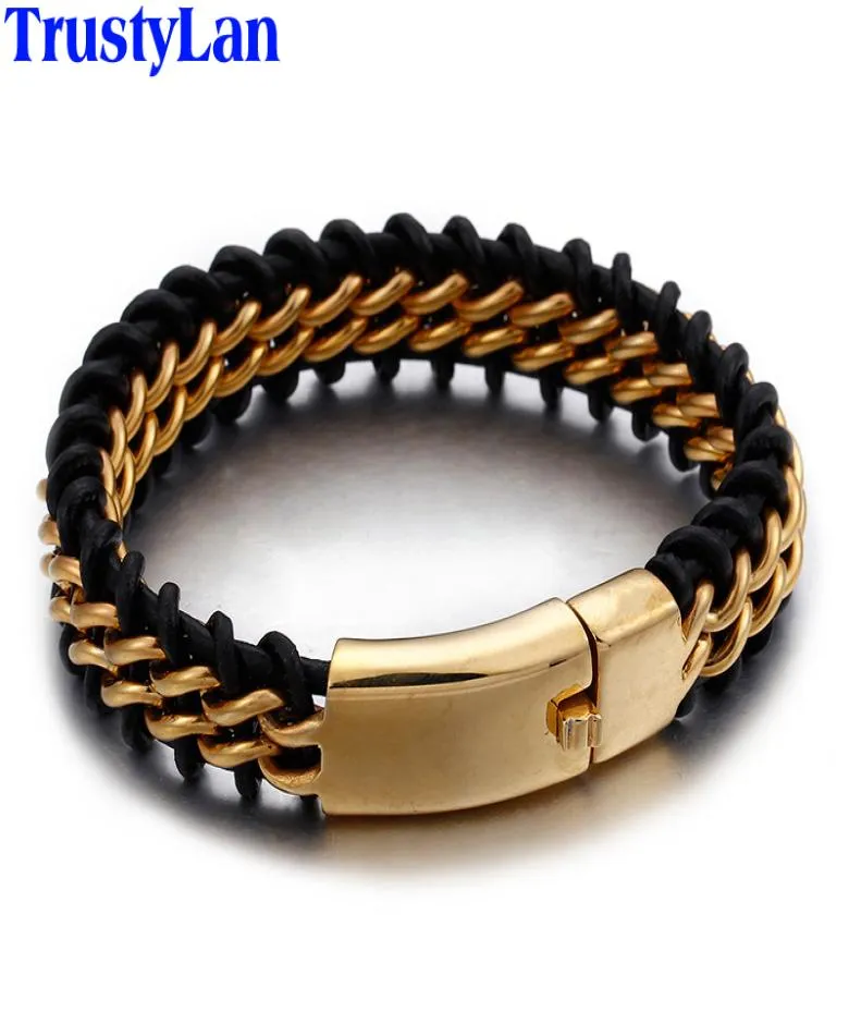 TrustyLan Bracciale in pelle in acciaio inossidabile color oro da uomo 18 mm di larghezza Braccialetti in pelle da uomo Braccialetti per gioielli Regalo di goccia C105391870