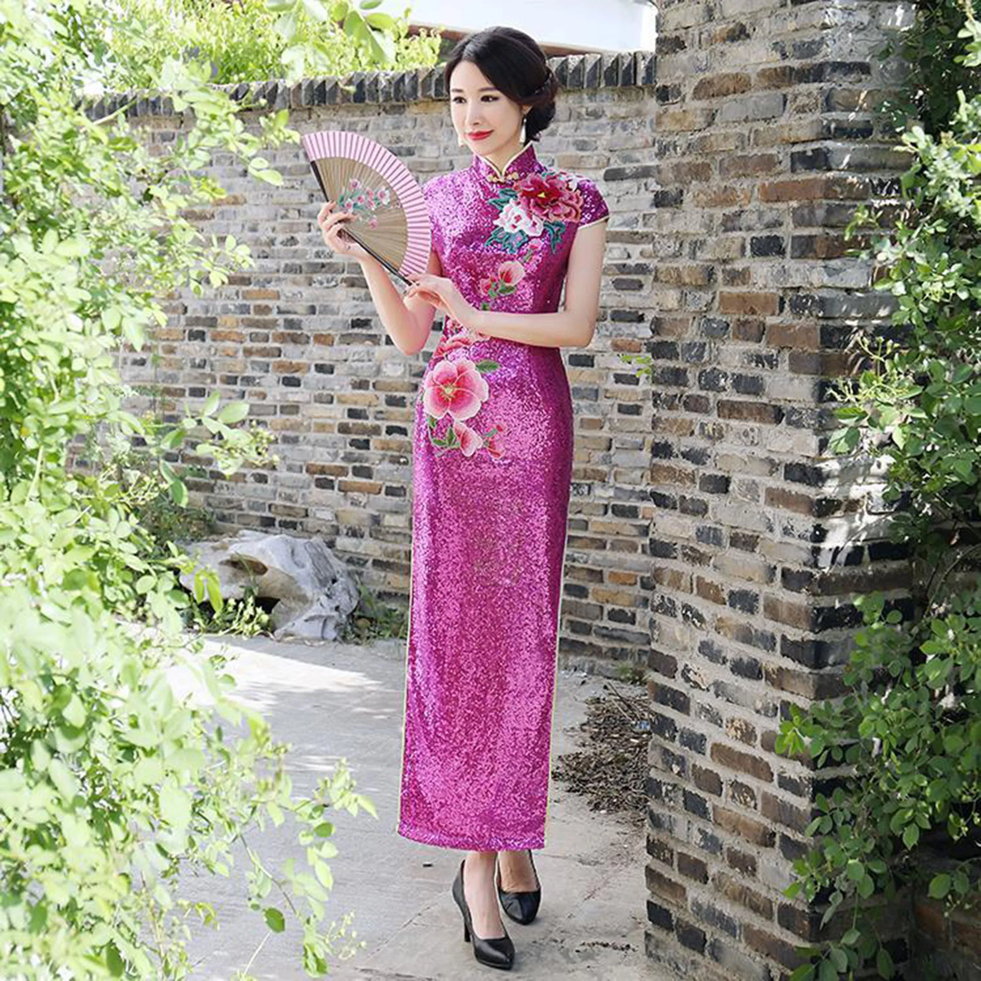 Shanghai Story Red Cheongsam Dress - Keyhole Lace Mermaid Sequin Qipao, Custom Sizes Available, Large