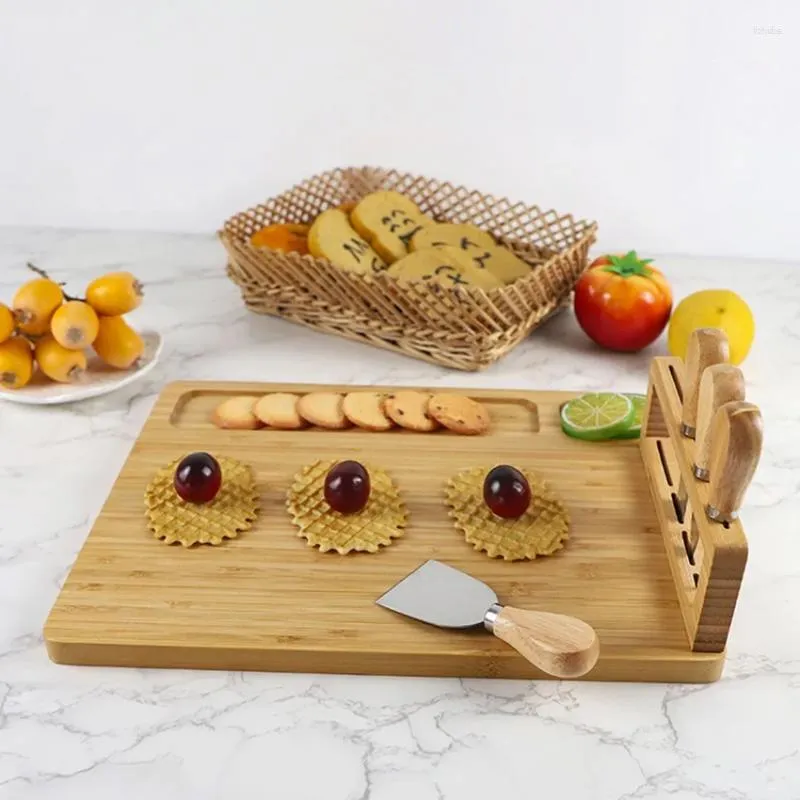 Plateaux à thé en bambou, ensemble de planches à fromage avec ustensiles de service, cadeaux de pendaison de crémaillère, Gadget de cuisine de mariage à domicile, vin