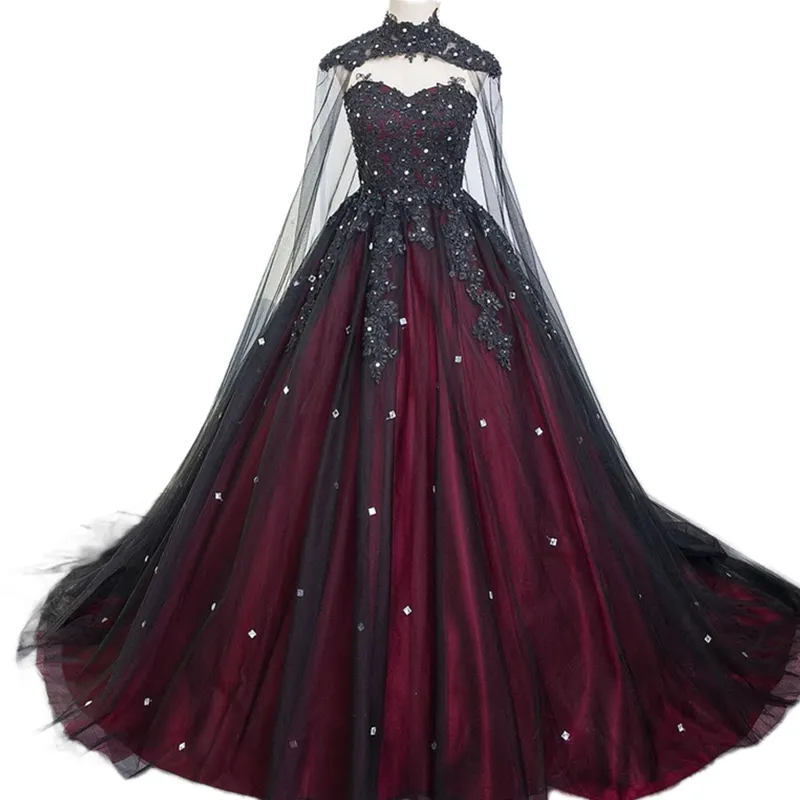 burgundy gothic dress Burgundy Gothic Wedding Dress With Lace Bodice and Tulle Sleeves  Fantasy  Vampire Gown Halloween Wedding Dress