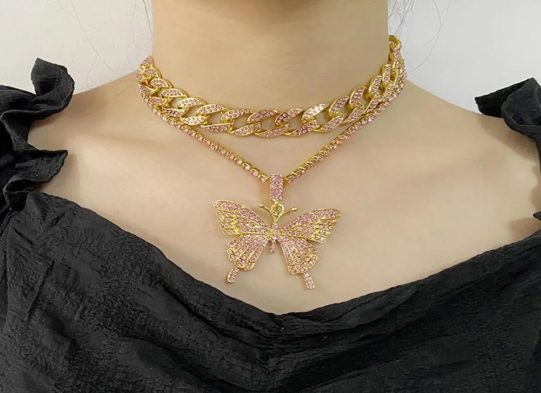 Statment Collar con colgante de mariposa grande, cadena de diamantes de imitación helada de Hip Hop para mujer, cadena de tenis ostentosa, gargantilla de animales de cristal wjl282326518