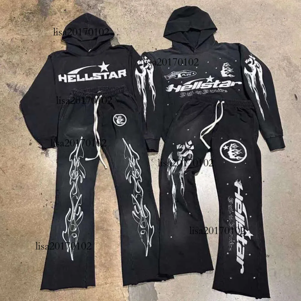 Rock Hip Hop Street Hellstar Hoodies Set Washed Flame Letter Print Hooded Pullover Män Kvinnor överdimensionerade helvete stjärna tröjor t t