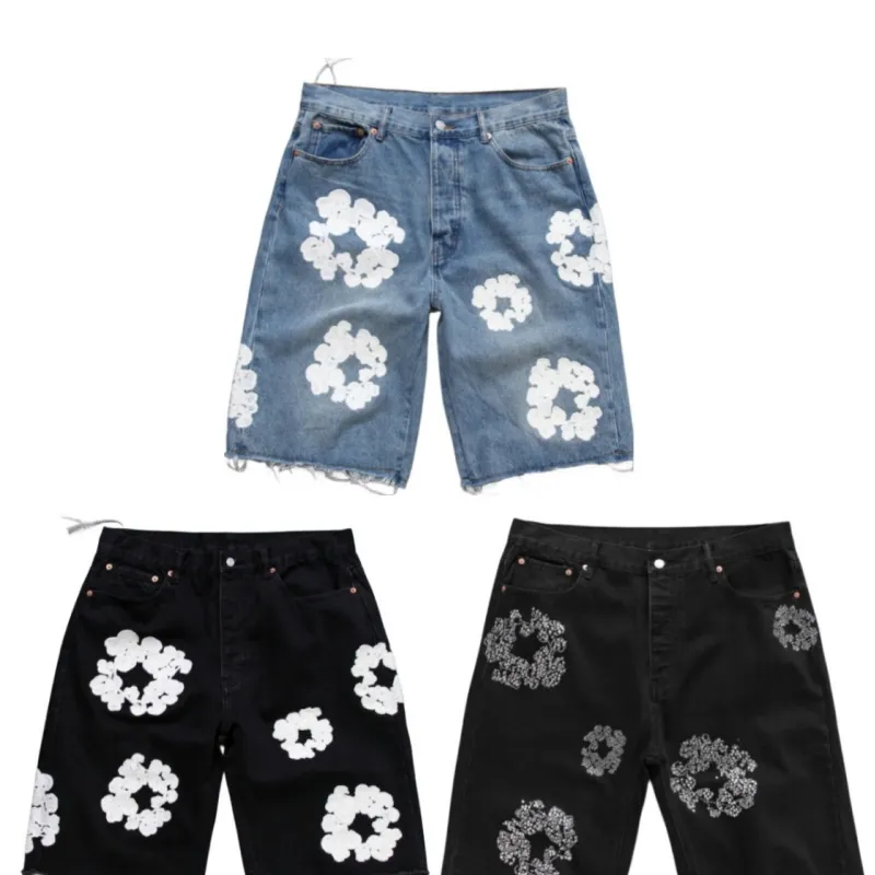 Denim Jeans Shorts Men Designer Women Short Jean for Mens High Qulity Straight Holes Tight Flower Printing Shortpants Slim Hip Hop Street Black Pants Clothing