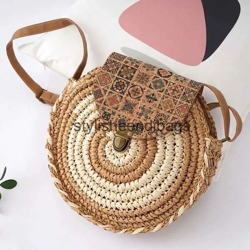 Shoulder Bags YoReAi Round Straw Beach Bag Vintage Handmade Woven Shoulder Bags Raffia Circle Rattan Bohemian Summer Vacation Diagonal PackH24219