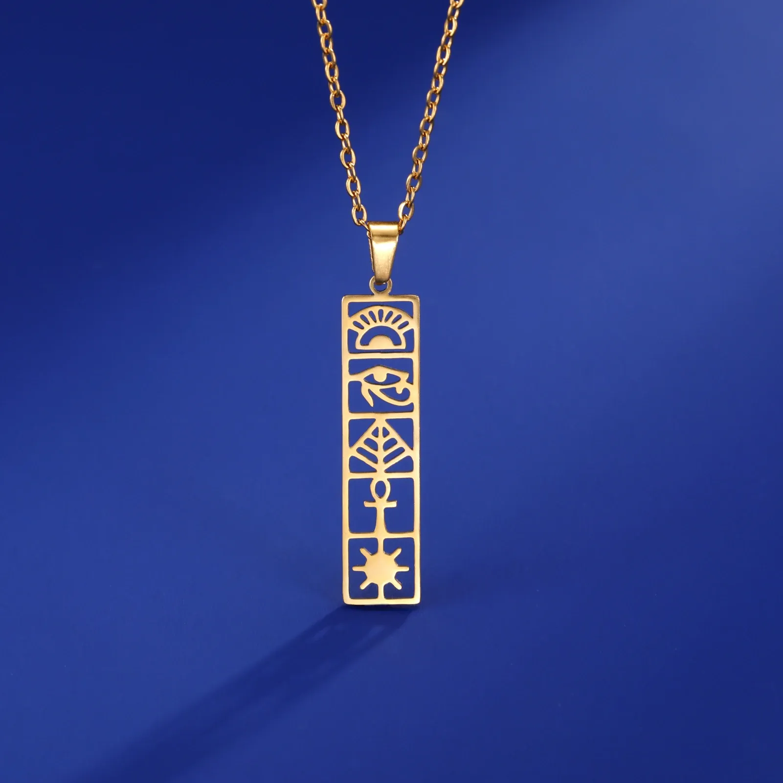 Collana con geroglifici egiziani Ankh Collana in oro giallo 14k con occhio di Horus e catena con cartiglio dell'antico Egitto per donne e uomini