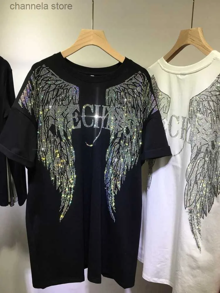 Kvinnors T-shirt L-4XL överdimensionerad Rhinestone Angel Wings Harley T-shirtkläder för kvinnor Män Hip Hop Streetwear Löst kort ärmmärke T-shirt T240218