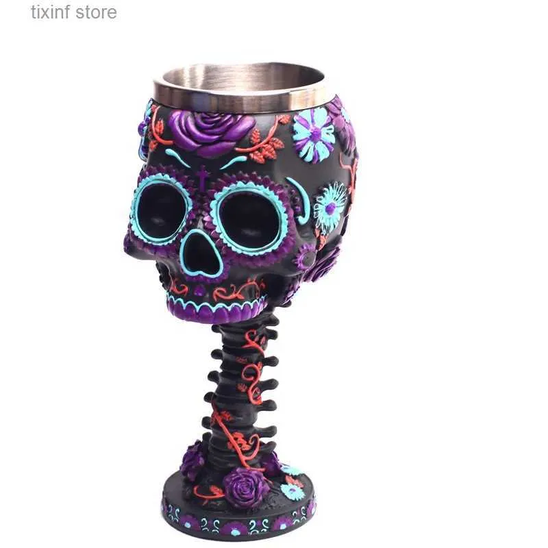 Tumblers 3D Skull Goblet Cup Resin Stainless Steel Wine Glass Twilight Blooms Cups and Mugs Christmas Halloween Birthday Gift Purple Rose T240218