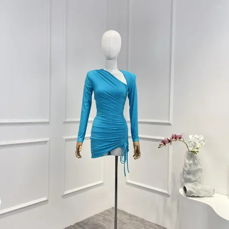 Günlük elbiseler bahar yaz 2024 en kaliteli kadın moda mavi tatlı kılıf asimetrik çekme ipi mini elbise parti