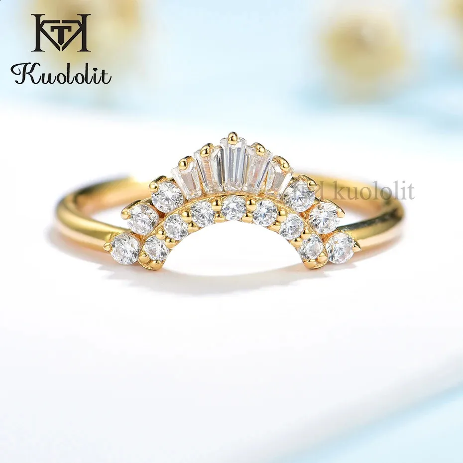 Kuololit 585 14K 10K bague en or jaune pour femmes Solitaire correspondant V bande pour mariage fiançailles fête bijoux de luxe 240119