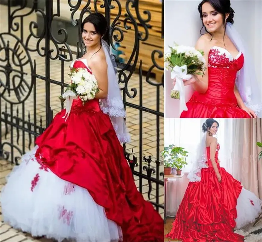 White Red Wedding Elegant Dress Ruched Satin and Tulle Ball Gwn Bride Dresses Lace Appliques Beaded Lng Vintage Bridal Rbe De Mariee Lace-up Plus Size es -up