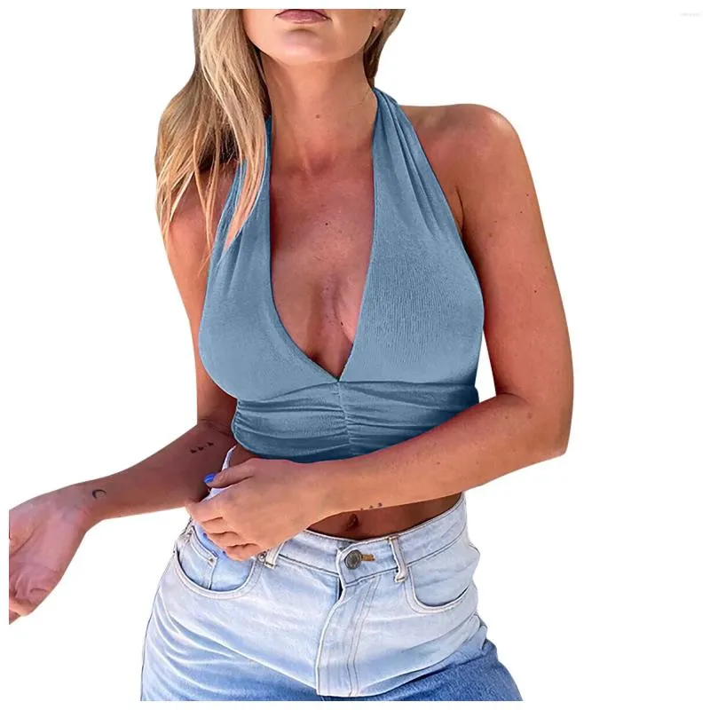 Women's T Shirts Shirt Fashion Casual Solid Color Open Back Sleeveless Deep V Pleated Vest Crop Top Camisetas De Mujer Haut Femme