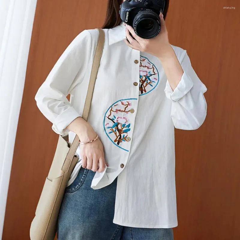 Magliette da donna Camicetta di lino in cotone con ricamo stile etnico casual vintage per donna Top Y2k Magliette di abbigliamento di moda