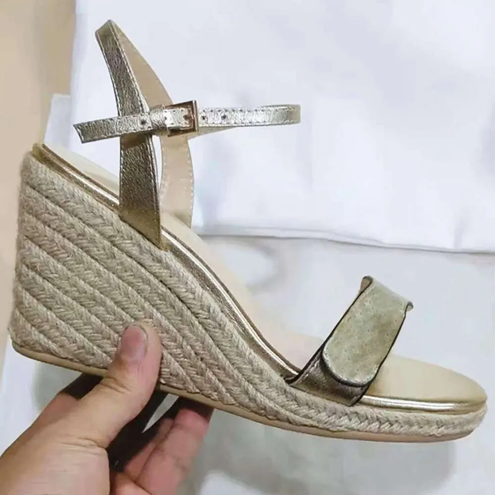 Med boxdesigner Espadrille Wedge High Heel Platform Sandaler Leather Women Heels Justerbar fotled Sandal Summer Party Wedding Shoes 291