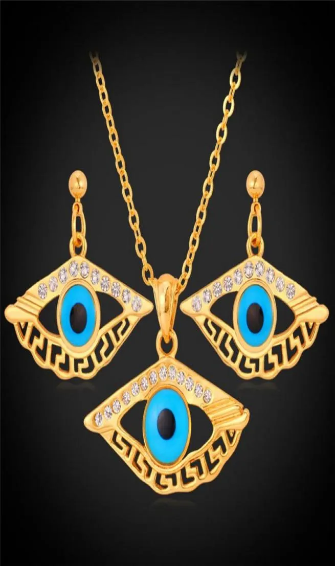 Nuovo design vintage blu malocchio collana girocollo placcato oro 18 carati orecchini pendenti set di gioielli con strass6445149