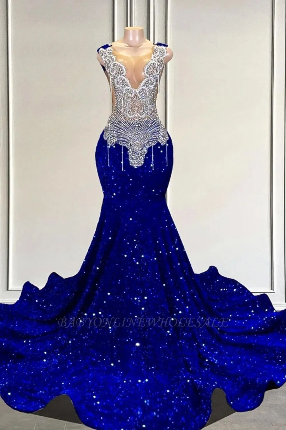 Sexy Royal Blue Mermaid Robes de bal Bling Sequins Beadings Crystals Sheer Deep V Neck Evening Robes Vestidos Formes pour les filles Black Girls Graduation Party BC18189 0416