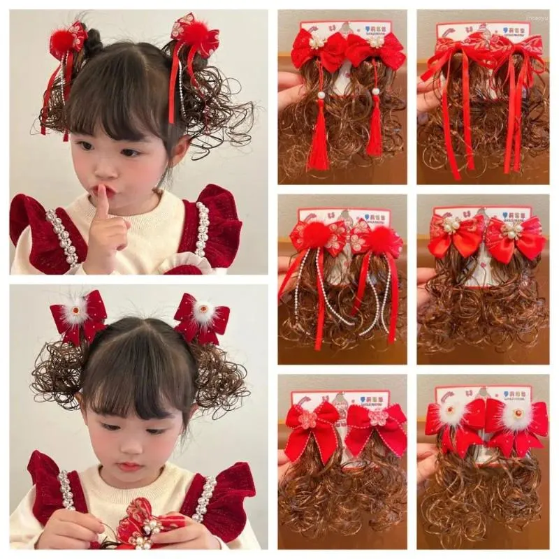Hair Accessories Pearl Bowknot Wig Clip Red Flower Braid Hairpin Year Chinese Style Kids Female