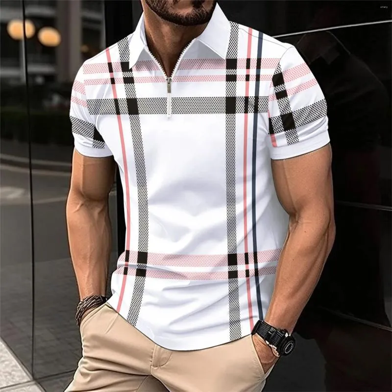 Herrpolos 2024 Summer Quick Sell Amazon Printed Checked Striped Polo Shirt med Lapel Zip Sport andningsbar