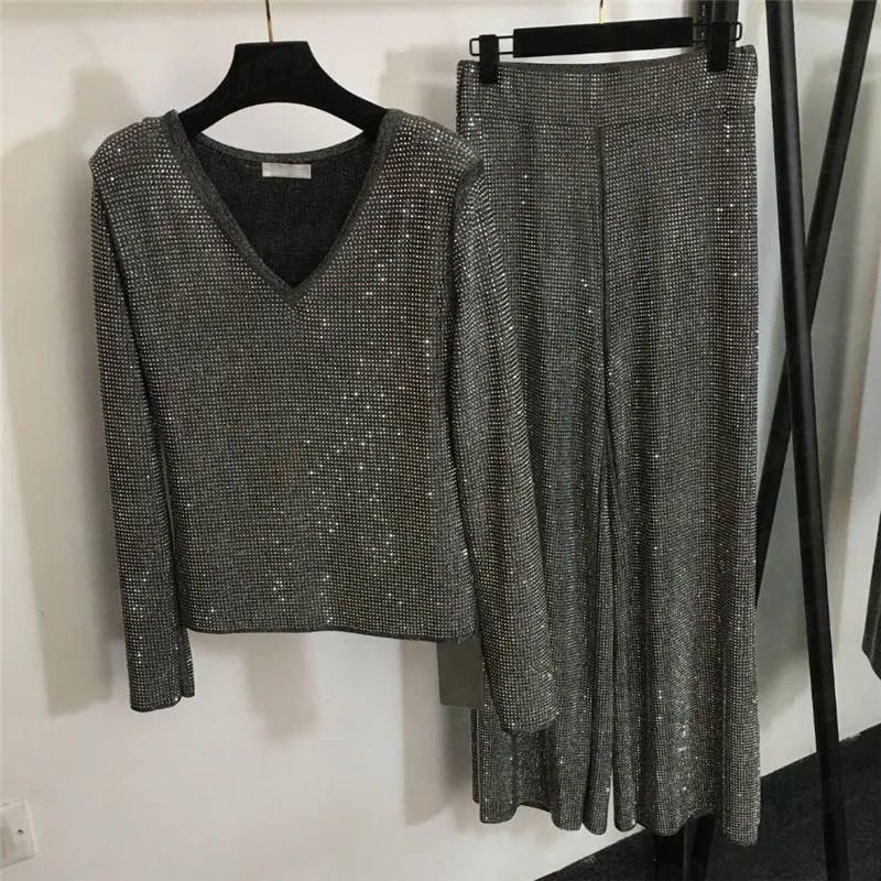 Ensemble deux pièces de luxe pour femmes, hauts et pantalons à jambes larges avec strass, t-shirt Sexy à col en V, taille haute, ensembles de vêtements