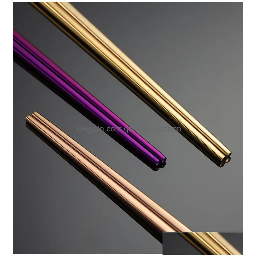 Chopsticks Glossy Titanium Plated Anti Scalting High-klass 304 Rostfritt stål Rainbow Golden Black Square Drop Delivery Home Garden Dheil