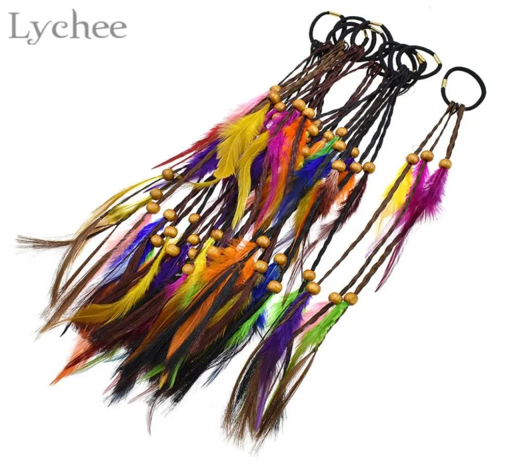 Lychee Boho dreadlock Beads Colorful Feather Elastic Hair Ring Hair Extension Faux Braids Hairwear Jewelry for Men Women9980276