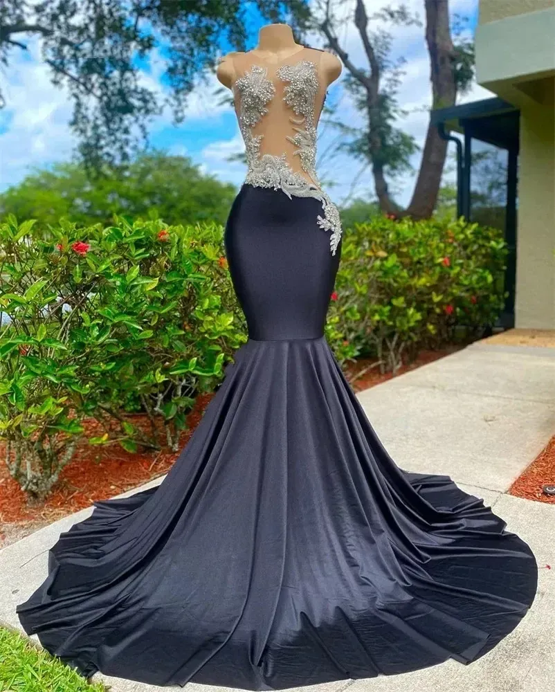 Black O Neck Long Prom Dress For Arabic Women Beaded Birthday Party Gown Appliques Evening Gowns Mermaid Robe De Soiree BC18186