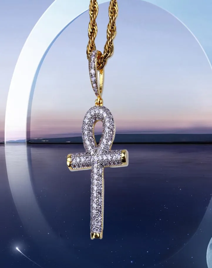 Hip Hop Rock Necklace Gold Color All Iced Out Micro Pave CZ Stone Ankh Pendant Necklaces With 60cm Rope Chain3625381