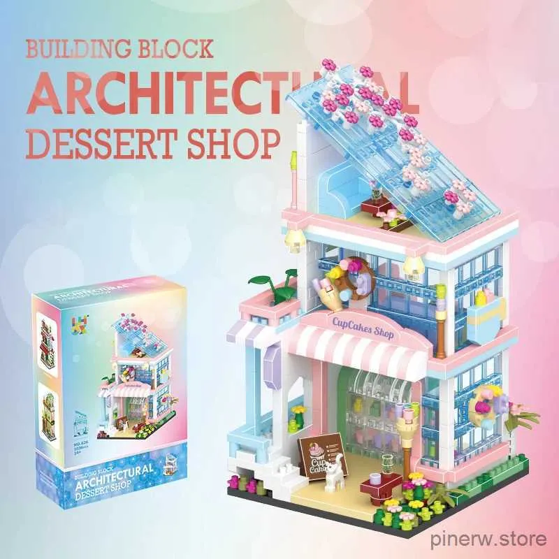 BLOCKS MINI CITY STREET View Coffee Flower Shop Dessert House Building Blocks 4in1 Architecture Music Bar Bricks Toys Gift for Children