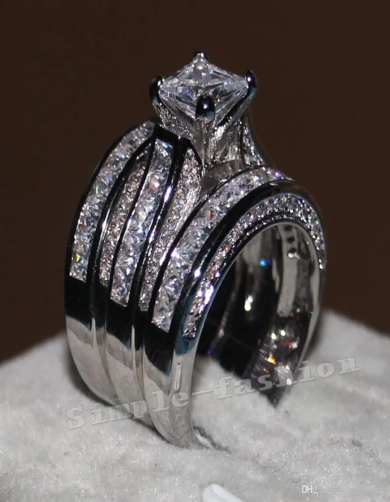 Vecalon Jóias Finas Corte de Princesa 20ct Cz diamante Noivado Casamento Anel Conjunto para Mulheres 14KT Ouro Branco Cheio de Dedo anel2704402