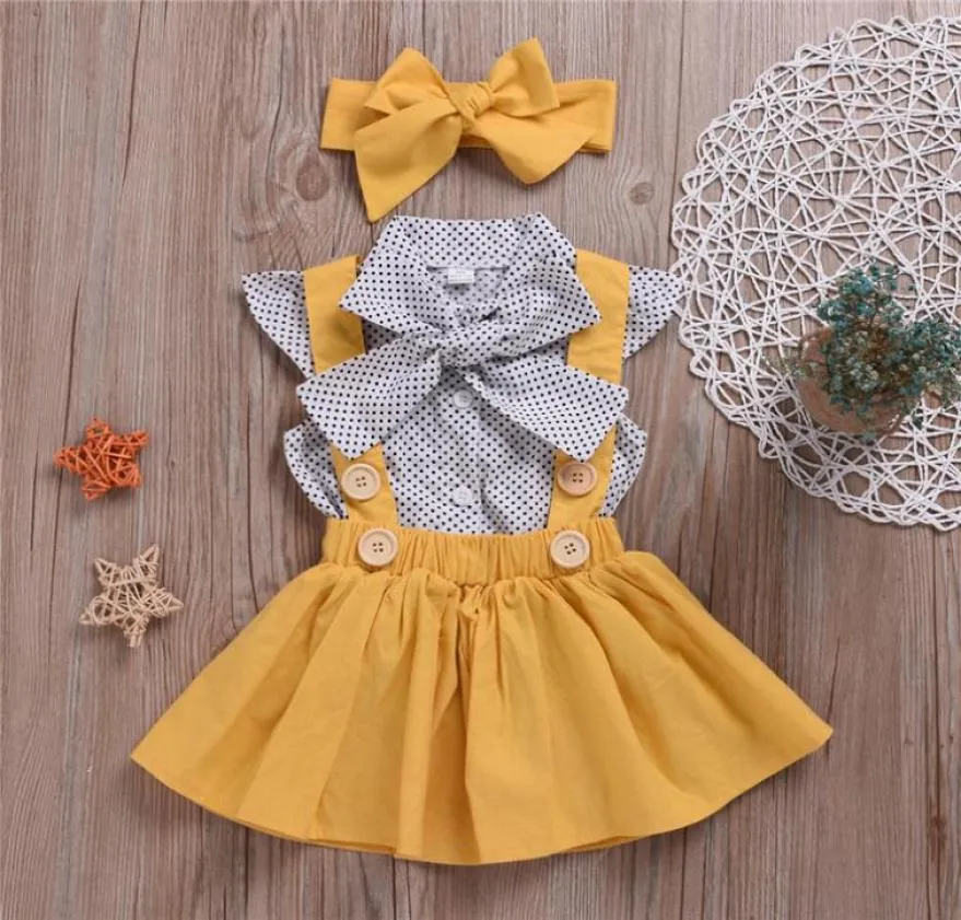 Summer baby girl kids clothes Set Dot flying sleeve topstrap dressHeadband 3 pcs sets Kids Designer Clothes Girls JY3195173237