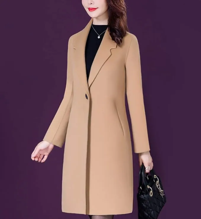 Women's Elegant Wool Blend Trench Coat Winter Outcoat Mid-Long Windproof Lapel Slim Pea Coats