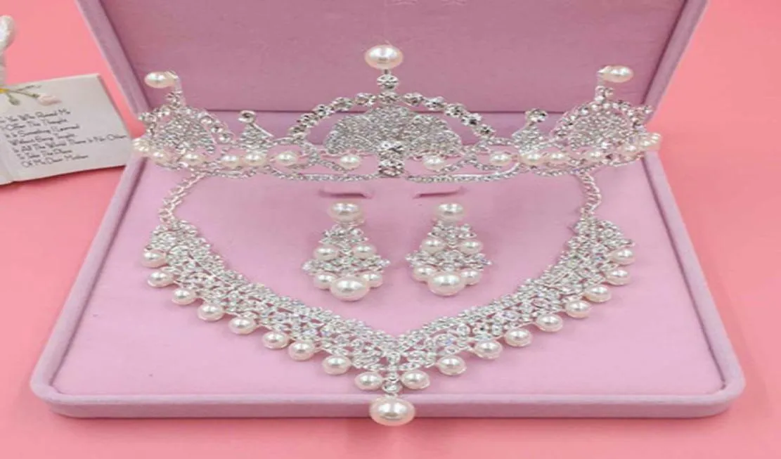 Örhängen halsband lyx silver färg bröllop hår tillbehör pärla strass tiaras krona brud örhänge set kvinnor smycken2139098