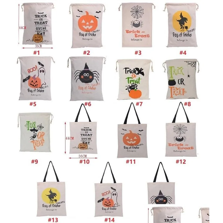 Kerstversiering 15 stijlen Halloween Grote canvas tassen Katoenen tas met pompoen Duivel Spider Hallowmas Geschenken Zak Drop D Dhvap