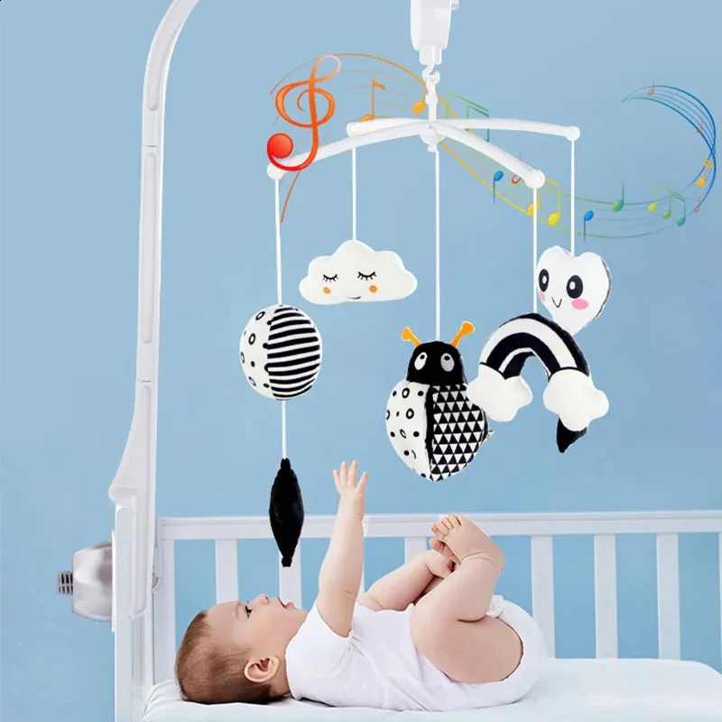 Boîte à musique animale noir et blanc lit cloche jouet bébé berceau hochets bébé jouets 0-12 mois infantile horloge jouet Mobile né jouets 240129
