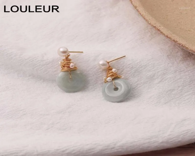 Stud LouLeur Boucles d'oreilles en perles naturelles élégantes faites à la main en argent 925 avec pierre de jade pour femmes, bijoux en or 18 carats à la mode, cadeau 19401976