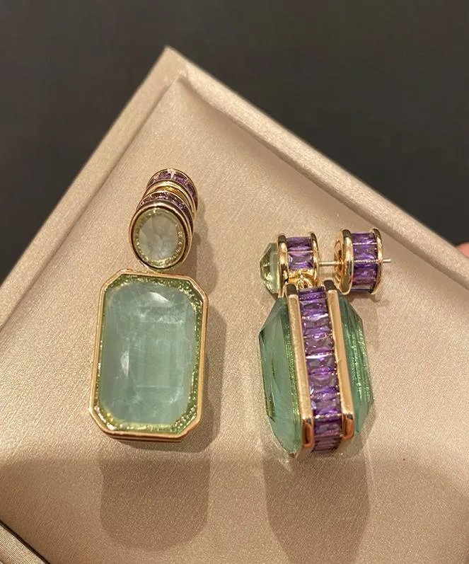 High quality light luxury olivine green jade earrings with purple diamond Tsquare zirconium wind earrings on the side7818324