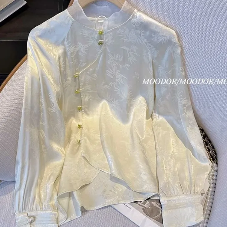 Nueva camisa blanca de jacquard de seda artificial china para mujer, disfraz de nicho Tang, estilo nacional, manga larga, hebilla, cuello alto, Top otoño