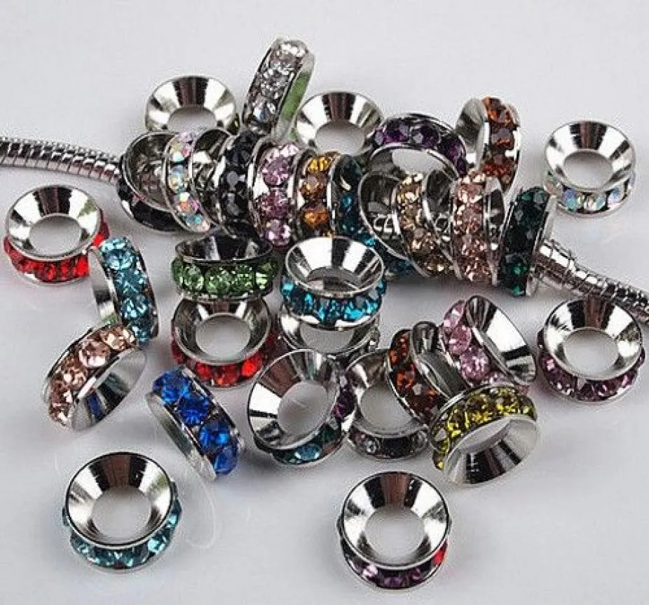 100 pezzi colori misti strass rondelle distanziatori europei con foro grande perline adatti braccialetti con ciondoli 10x4mm 4092061