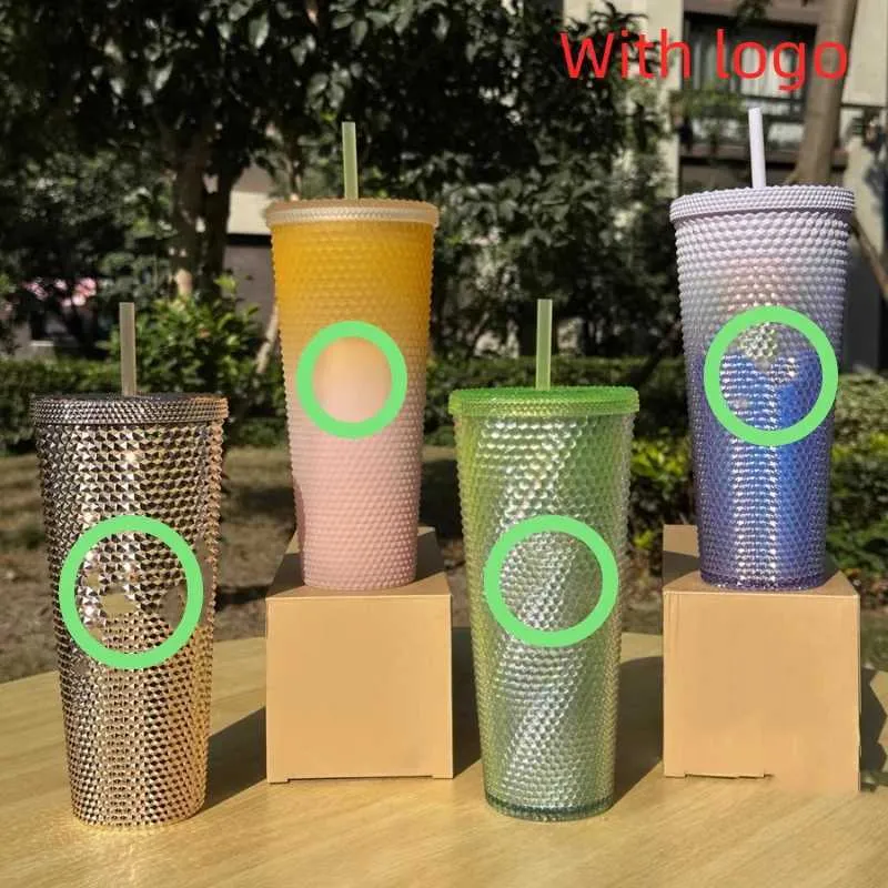 Tumblers 710ml double layer coffee cup with lid with straw with durian cup 24oz diamond tie cup cold drink cup wholesale T240218