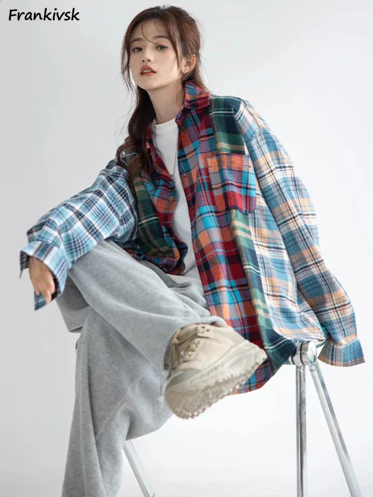 Plaid Shirts Women Contrast Color American Retro Nostalgic Baggy Slouchy Long Sleeve Streetwear All-match Ladies Clothing Autumn 240202